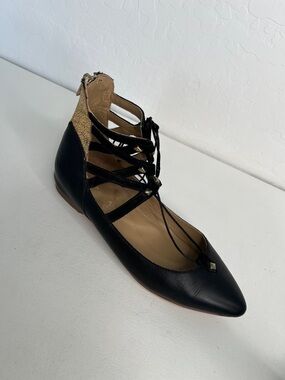 Poppy Barley black gold pointy toe ballet shoe with strappy ankle ties size 6.5